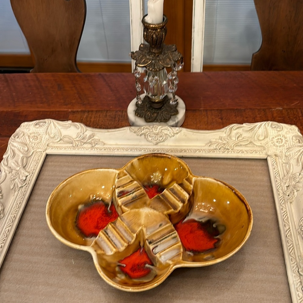 Midcentury Atomic Orange & Gold Ashtray. Porcelain Sculpted.